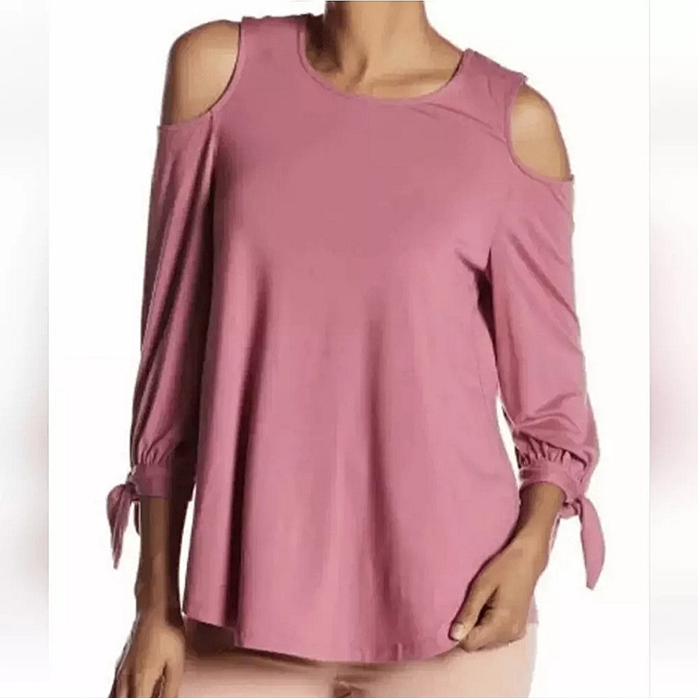 Adrianna Papell Blouse Size M Cold Shoulder Ribbon Sleeve Pink Womens